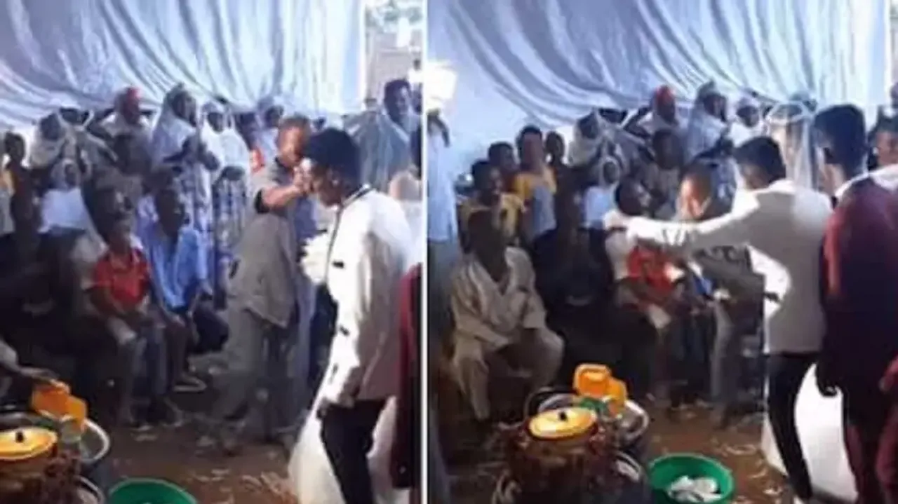 Angry groom starts kicking guest in front of bride during wedding