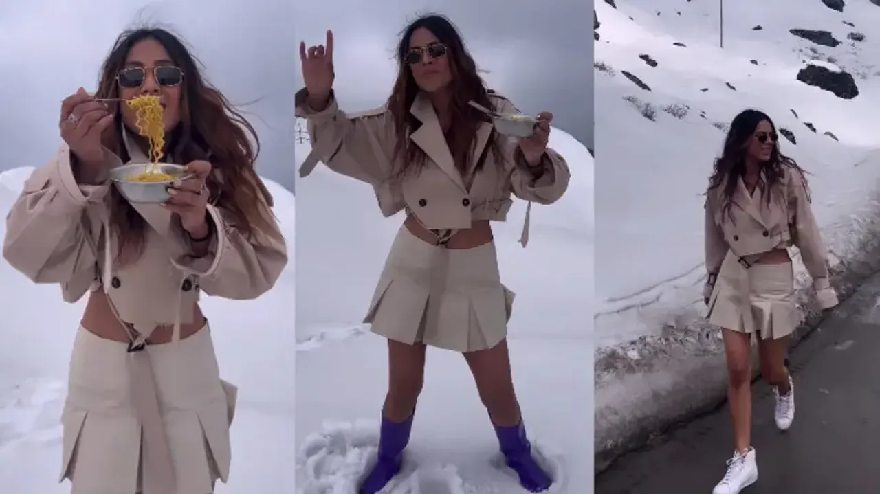 ‘AC lagao yaar’, Nia Sharma soars mercury on snow-clad mountains while enjoying Maggie; watch