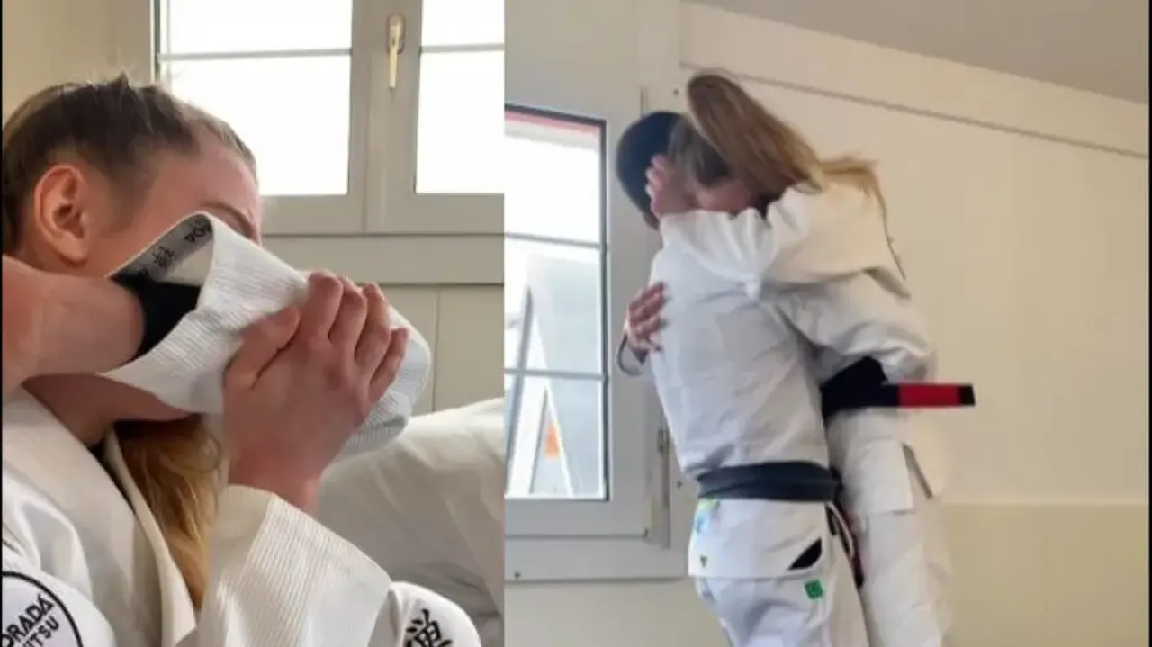 Woman receives black belt in Jiu-Jitsu after 8 years of hard work, her reaction will melt your heart
