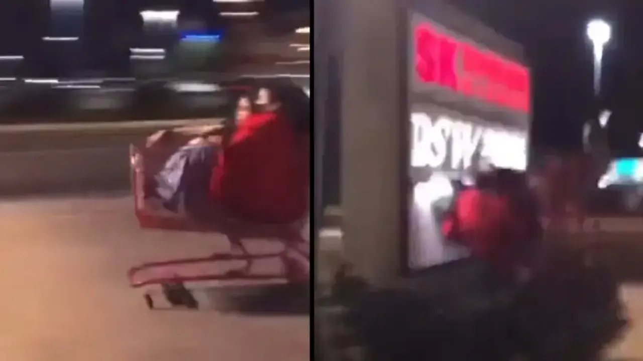 Girls take ride on shopping trolley, fun goes terribly wrong; watch