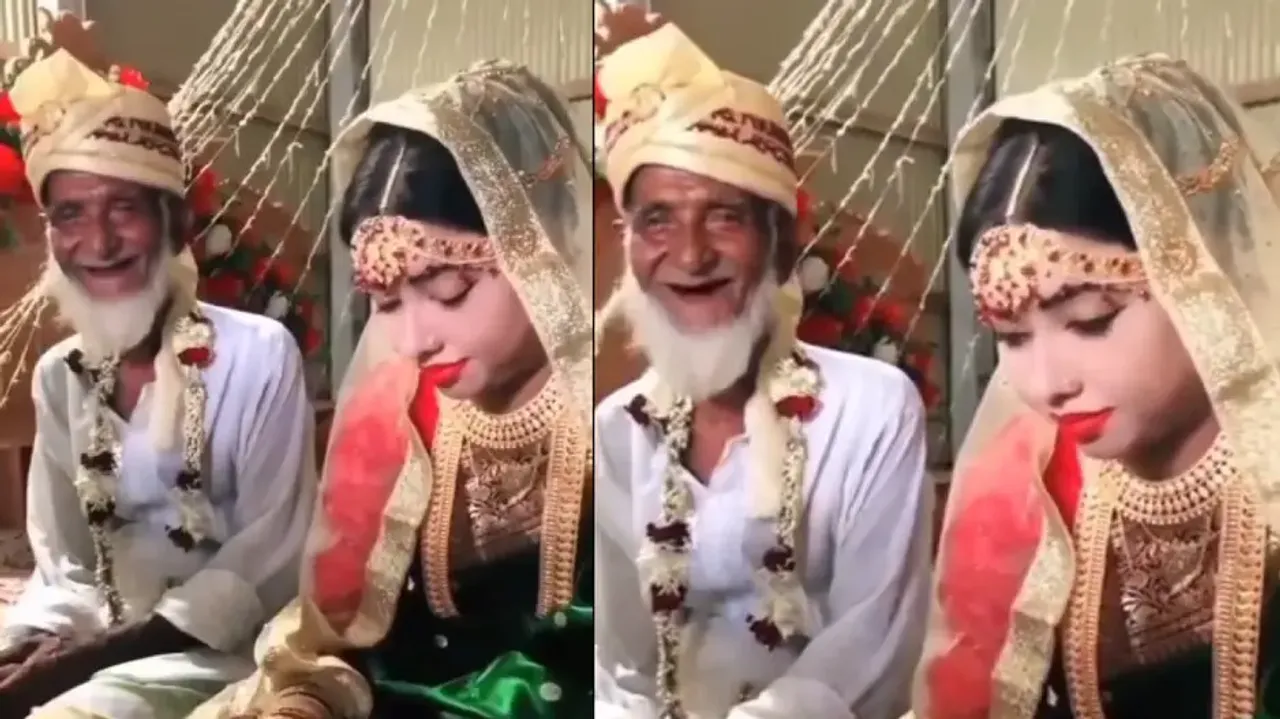 Elderly groom highly excited after marrying young girl, netizens go crazy; watch