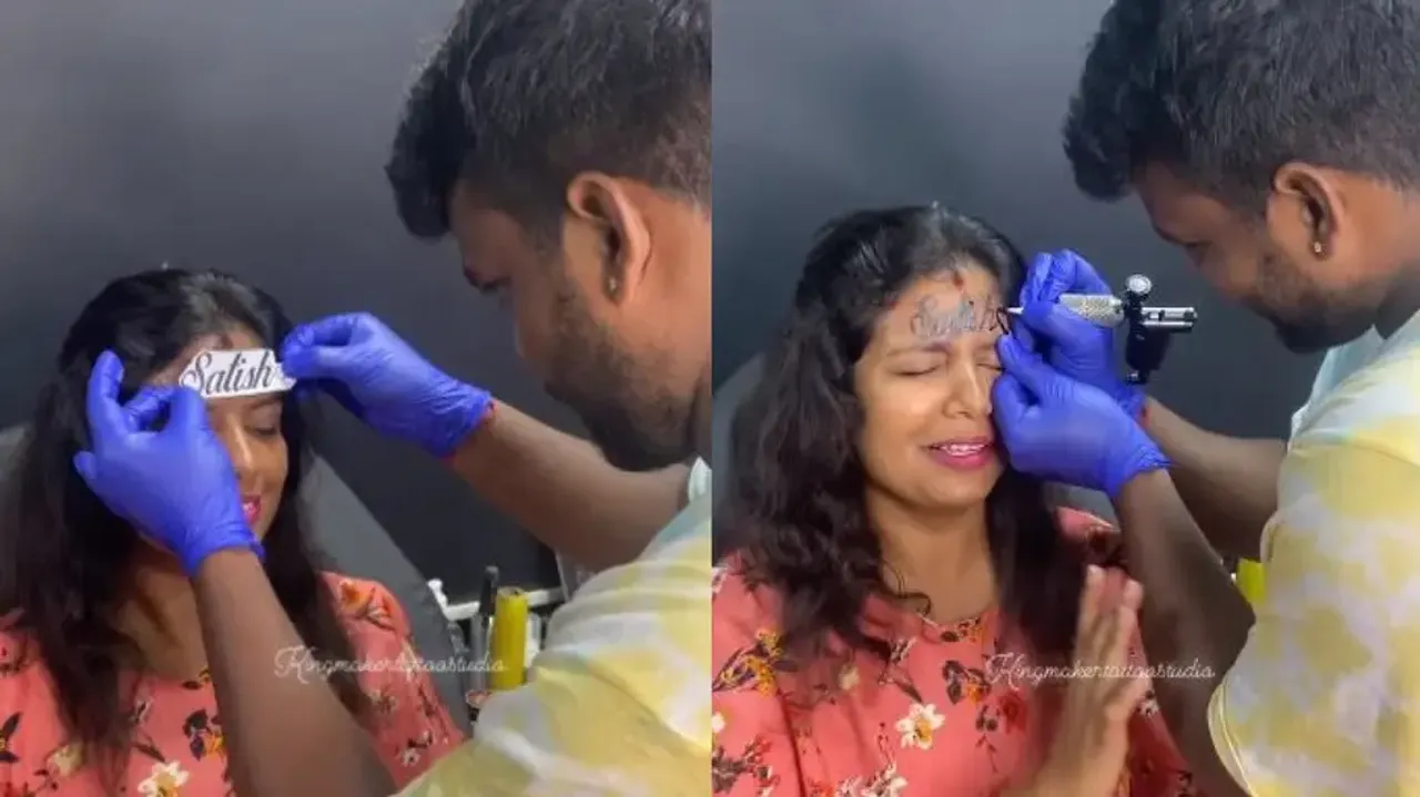 Bengaluru woman gets husband’s name tattooed on forehead, internet in shock