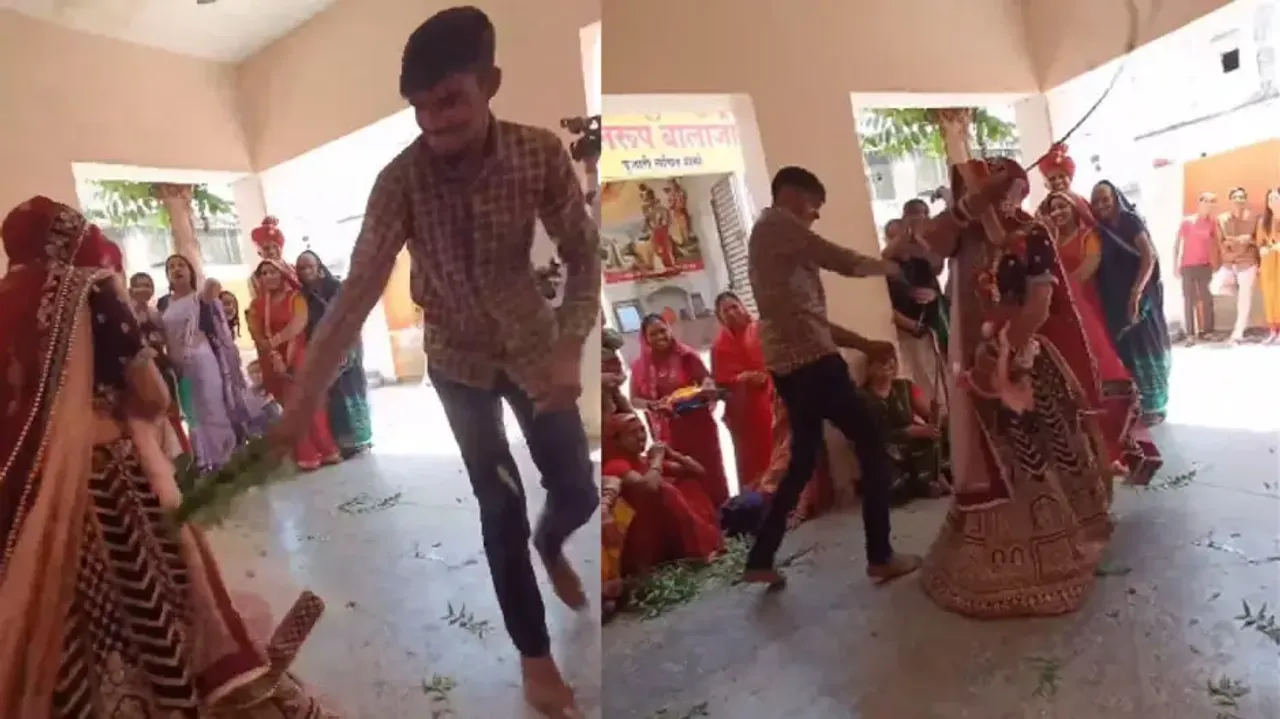 Newlywed bride & her ‘devar’ hit each other with sticks as part of ritual, netizens fumed; watch 