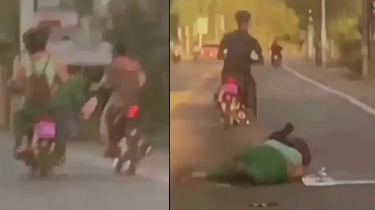 Girl kicks another young woman on bike out of jealousy, suffers instant karma; watch