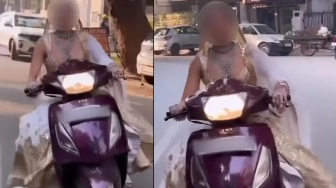 Bride spotted riding scooter without helmet, Delhi Police’s reaction will leave you in splits