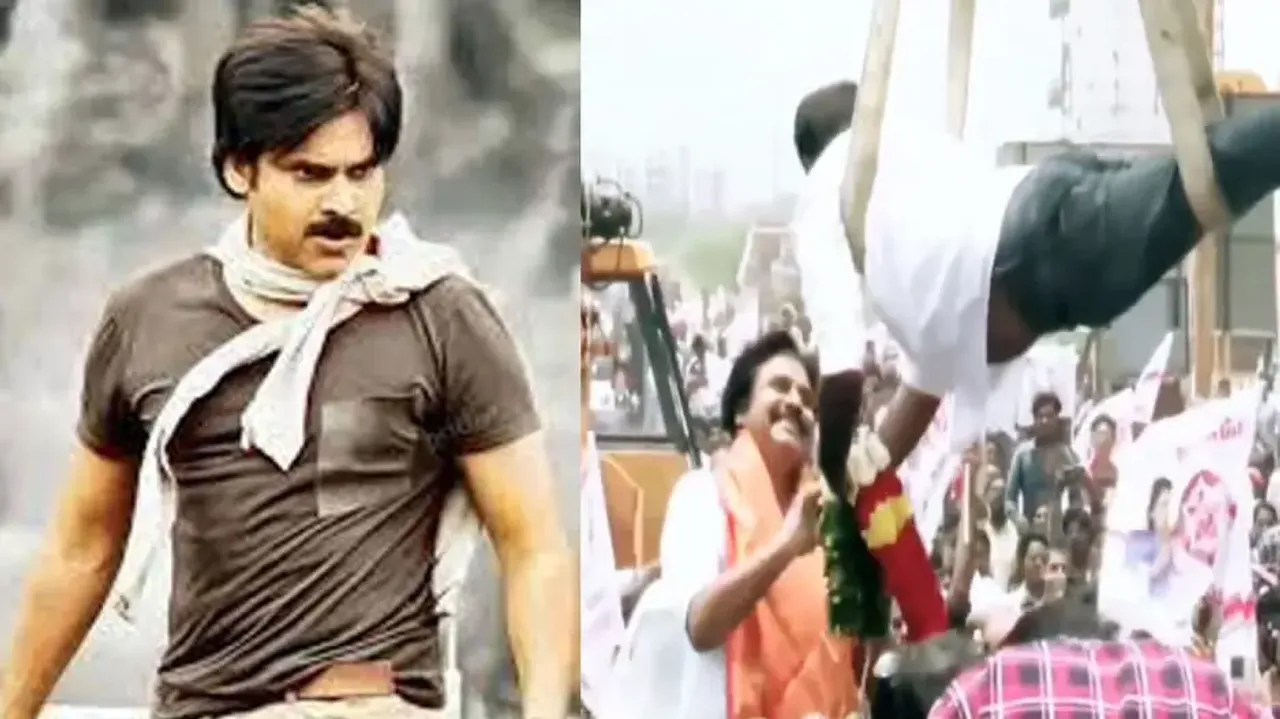 Pawan Kalyan’s craziest fan welcomes Power Star with garland while hanging from crane; watch