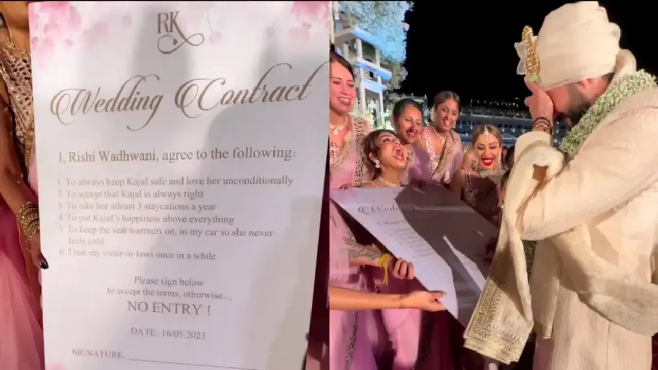Bridesmaids make groom sign contract before wedding