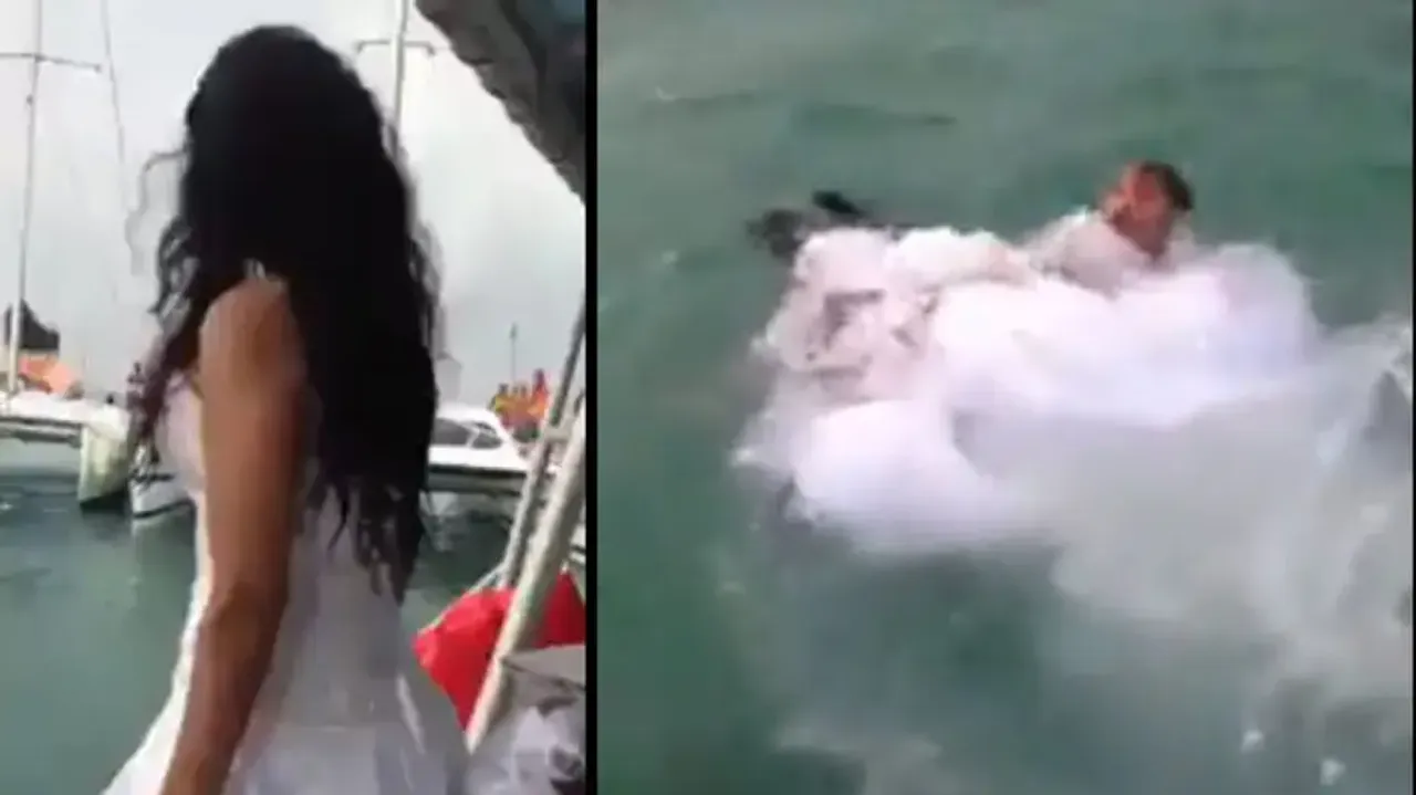 Bride jumps into water wearing wedding gown, what happens next is shocking; watch