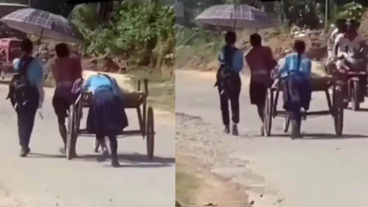 Kindness costs nothing! School girls help man to pull trolley rickshaw in scorching heat; watch