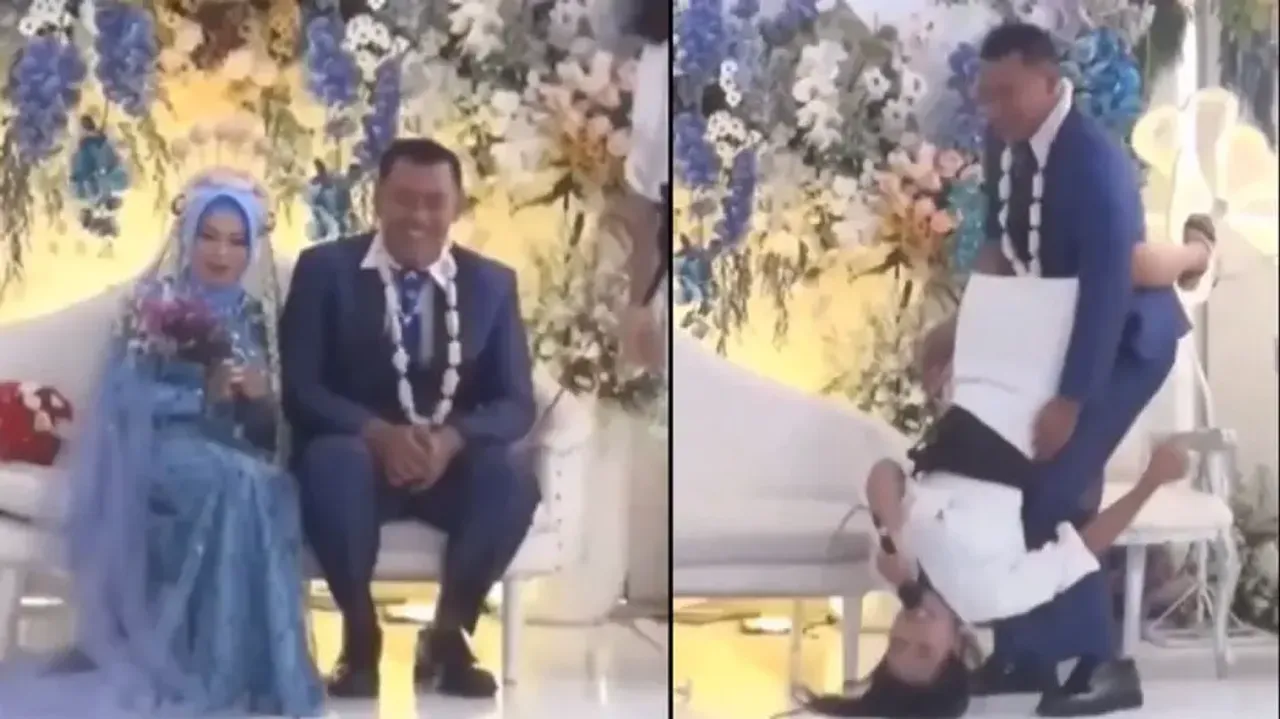 Bachelor’s party on wedding stage! Lady Singer clings to groom during show, watch how bride reacts