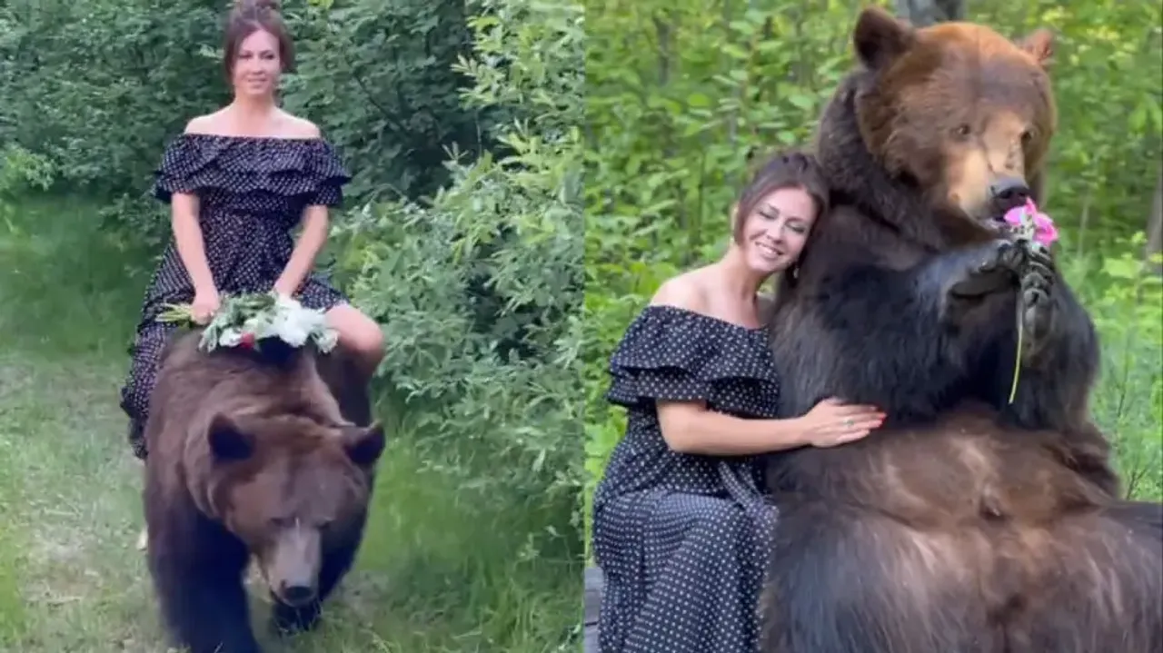Beauty and the Beast! Girl takes ride on brown bear, playful moments leave netizens stunned; watch