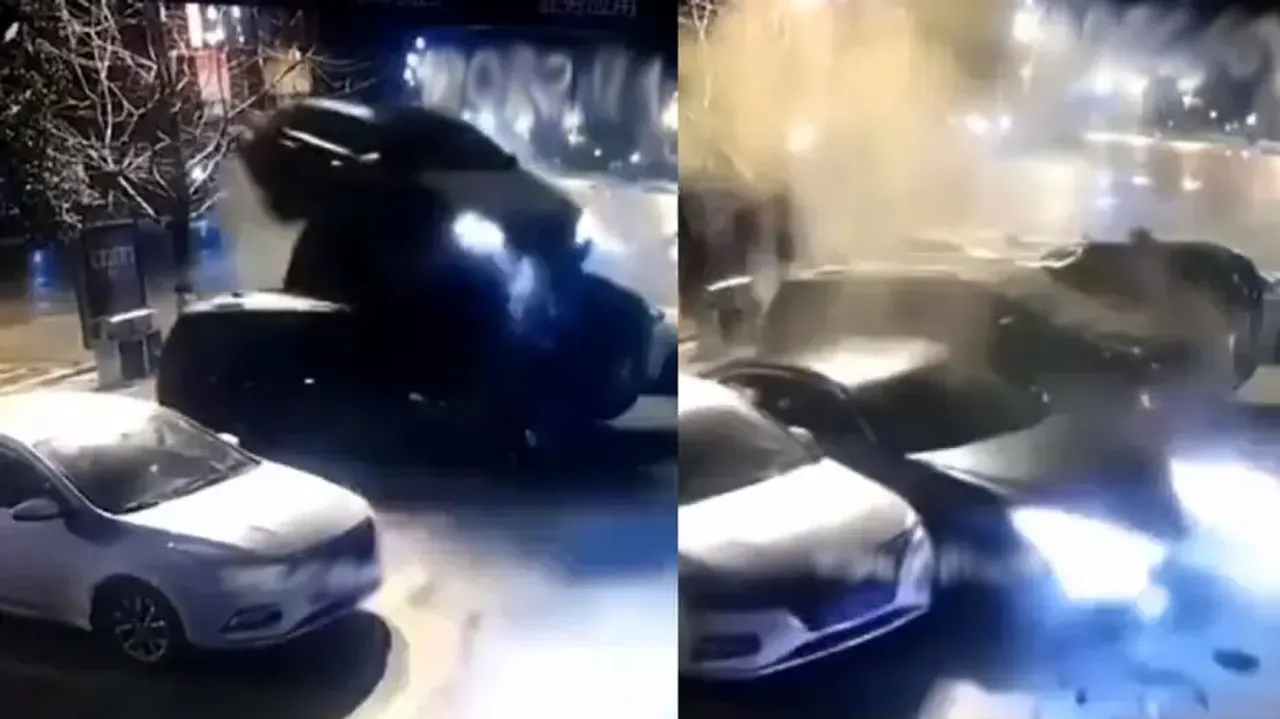 Crash parking! Car jumps off four vehicles to land at perfect place; watch