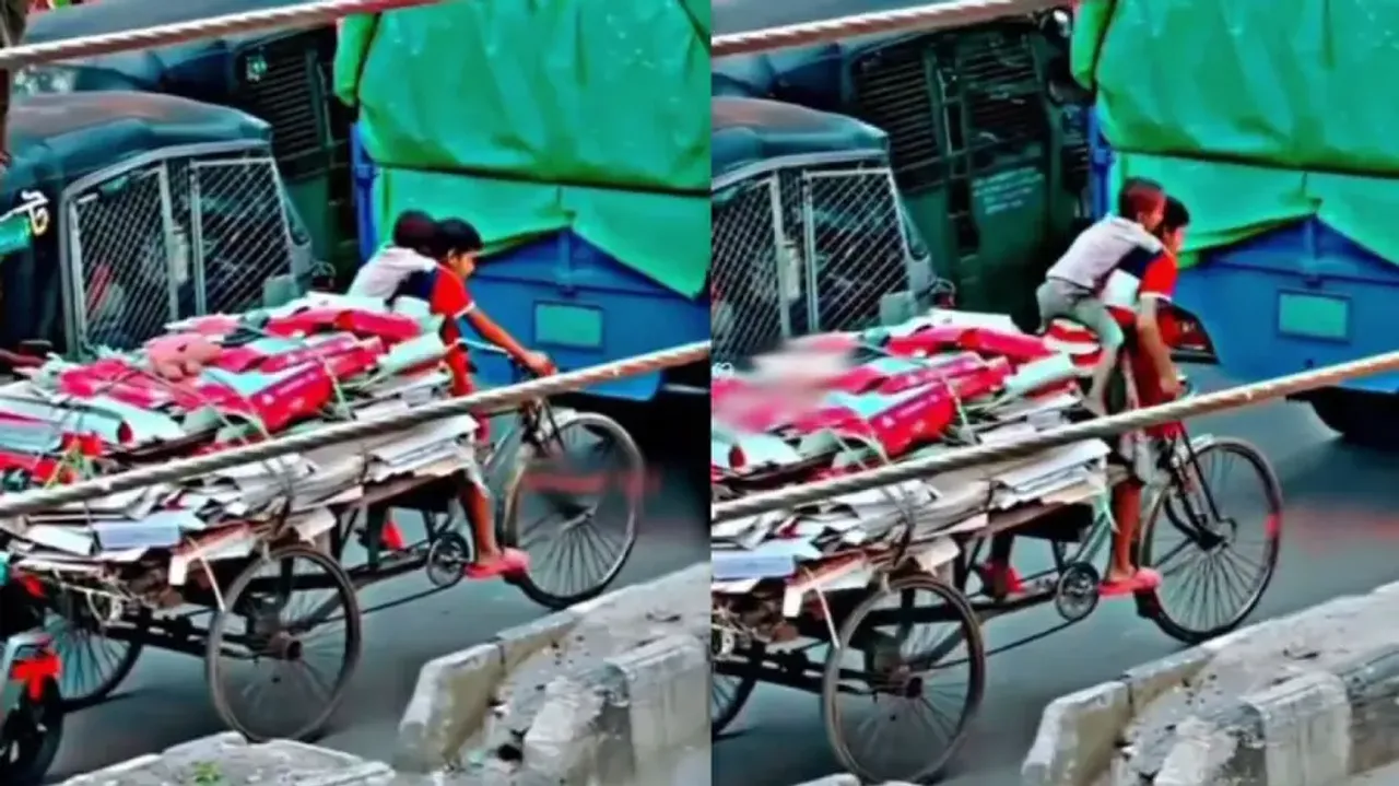 Young boy rides cycle-trolley while carrying toddler sibling, leaves netizens in tears; watch