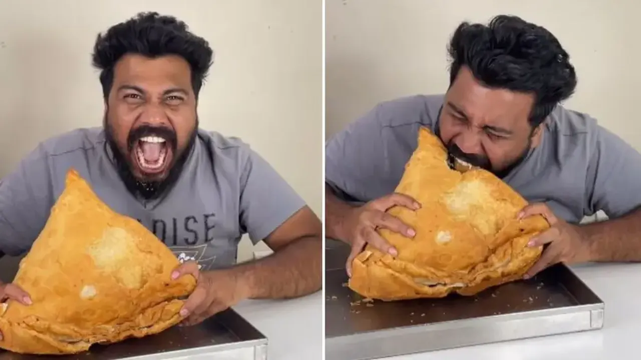 Video of man eating gigantic samosa leaves internet in splits; watch