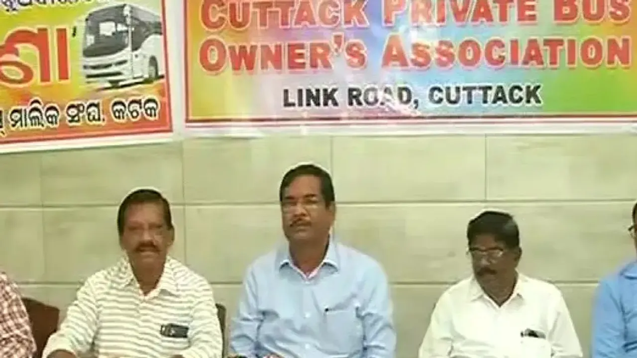 Members of the Cuttack Private Bus Owners' Association briefing media during a press meet. 