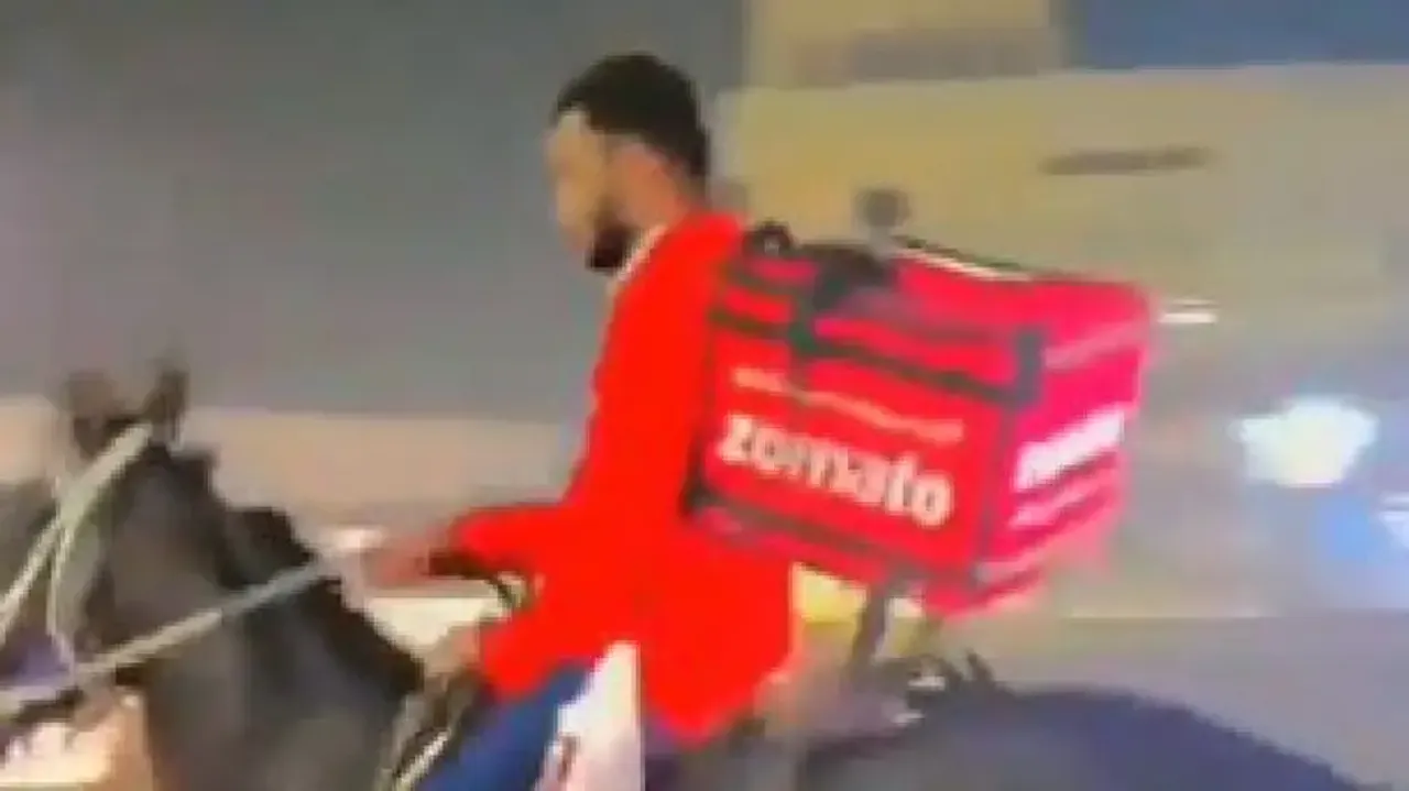 Zomato delivery boy delivers food on horse amid long queues in petrol pumps