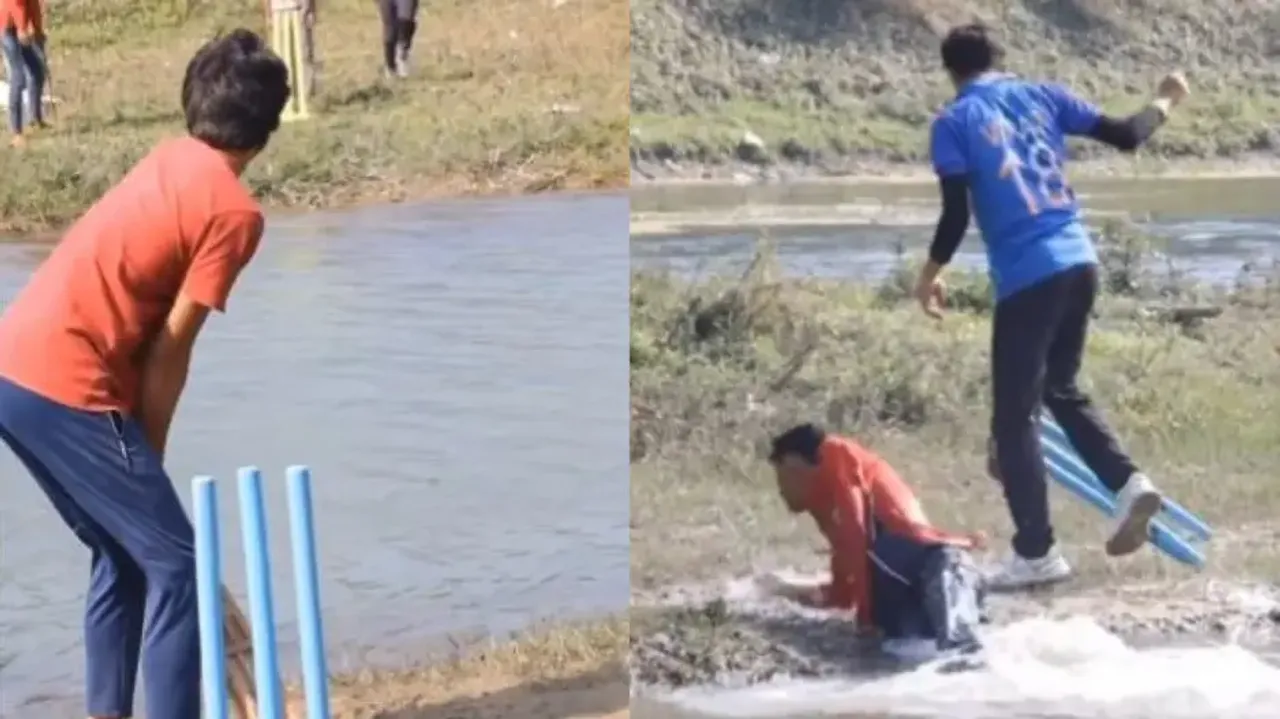 Boys playing cricket near river stream