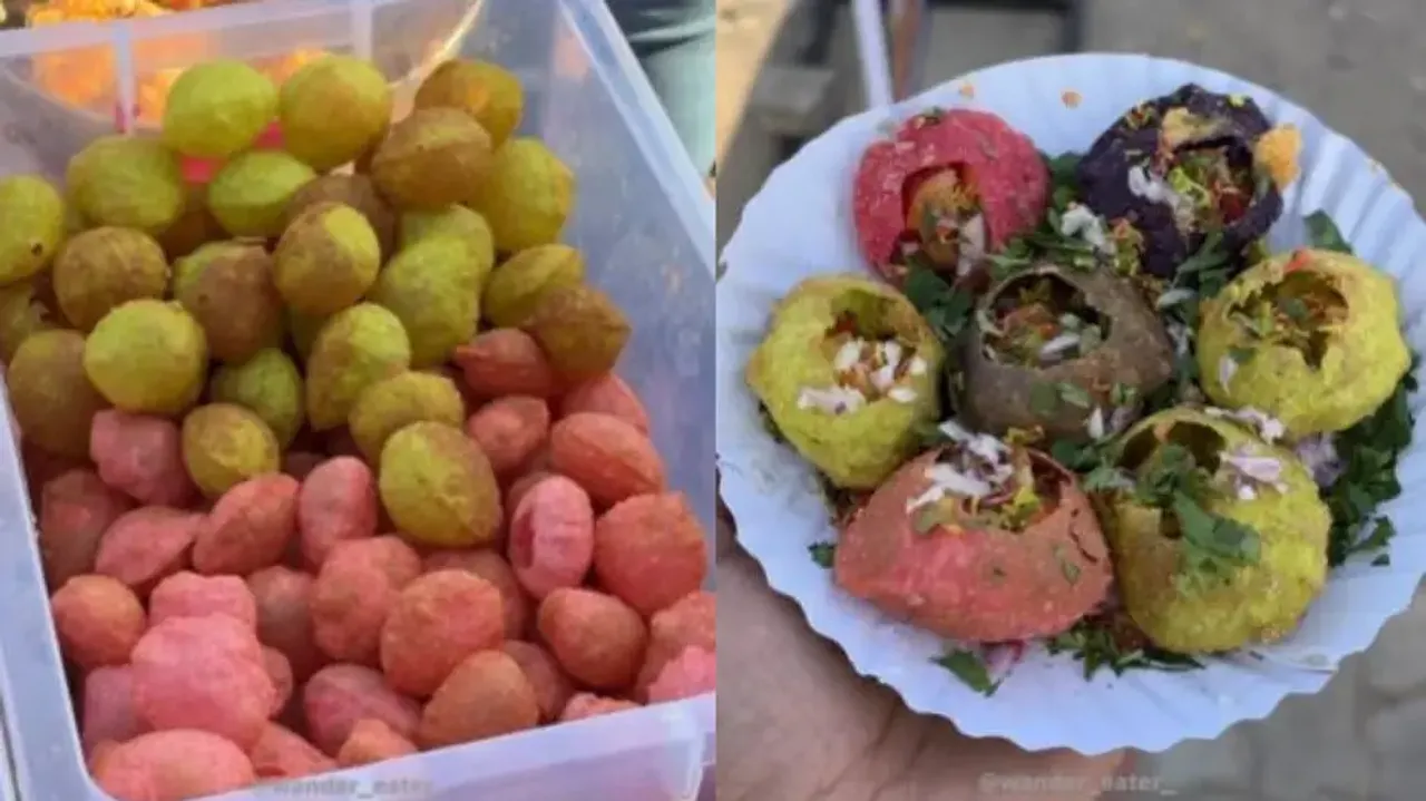 Lady street vendor prepares rainbow-coloured pani puri