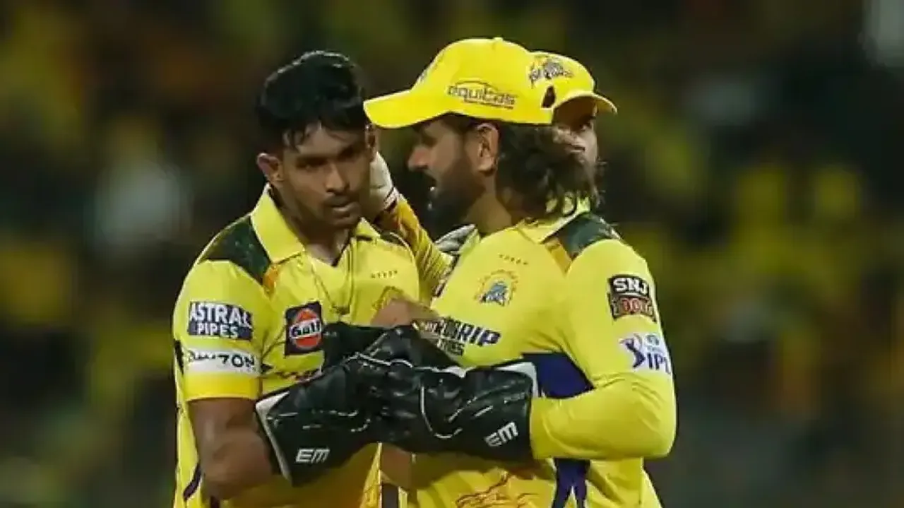 Matheesha Pathirana celebrates a dismissal with MS Dhoni