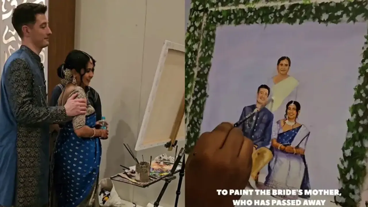 Couple’s reaction to bride’s late mother in live wedding painting wins hearts