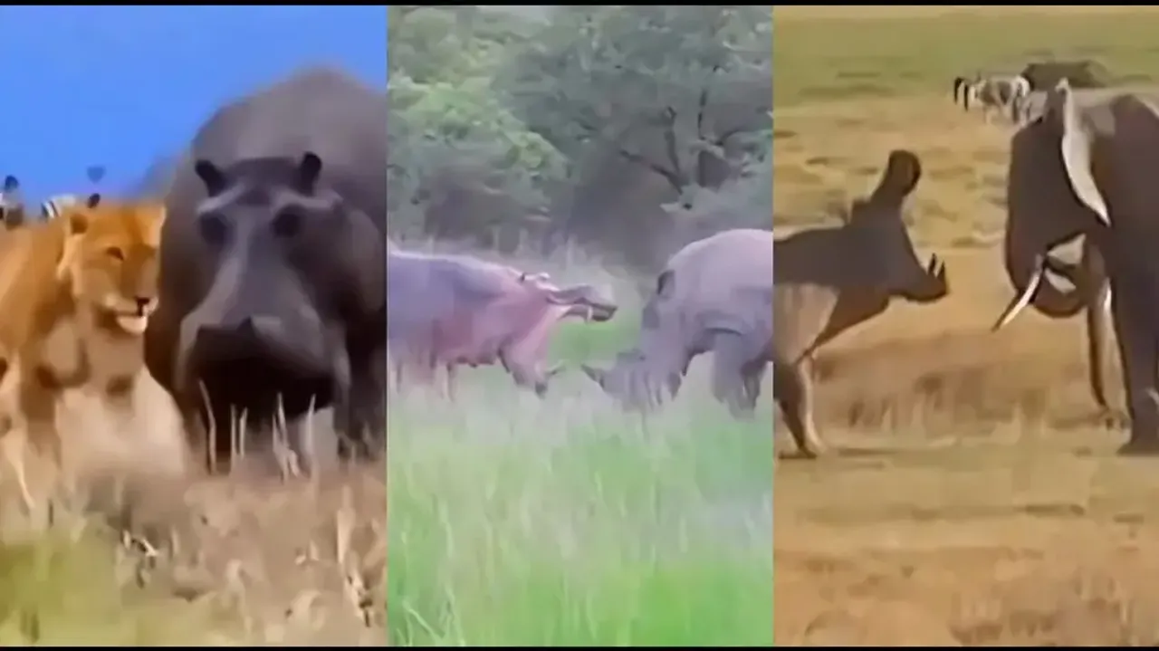 Hippopotamus vs. Lion, Elephant, Rhinoceros and others; watch who wins