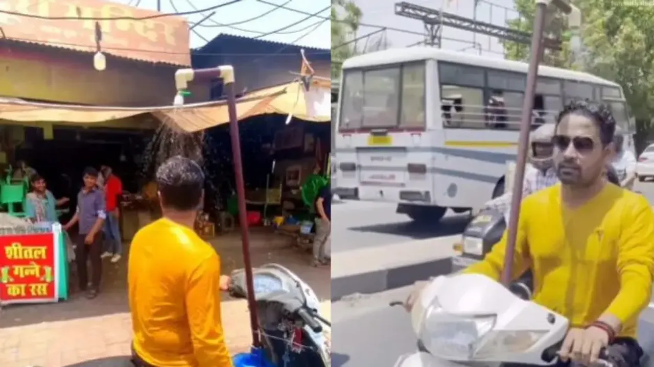 Man installs bathing shower on his scooty to beat scorching heatwave