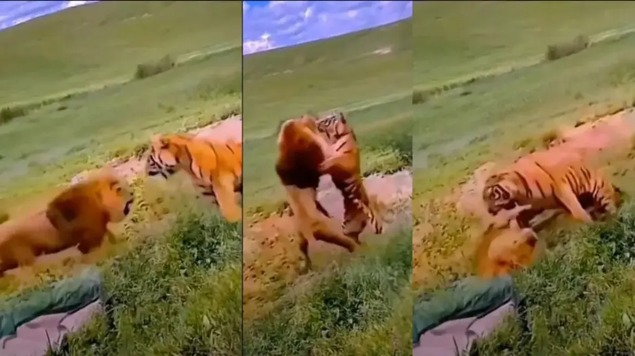 Lion vs Tiger: Majestic big cats of different species engage in a fierce battle! Watch rare video