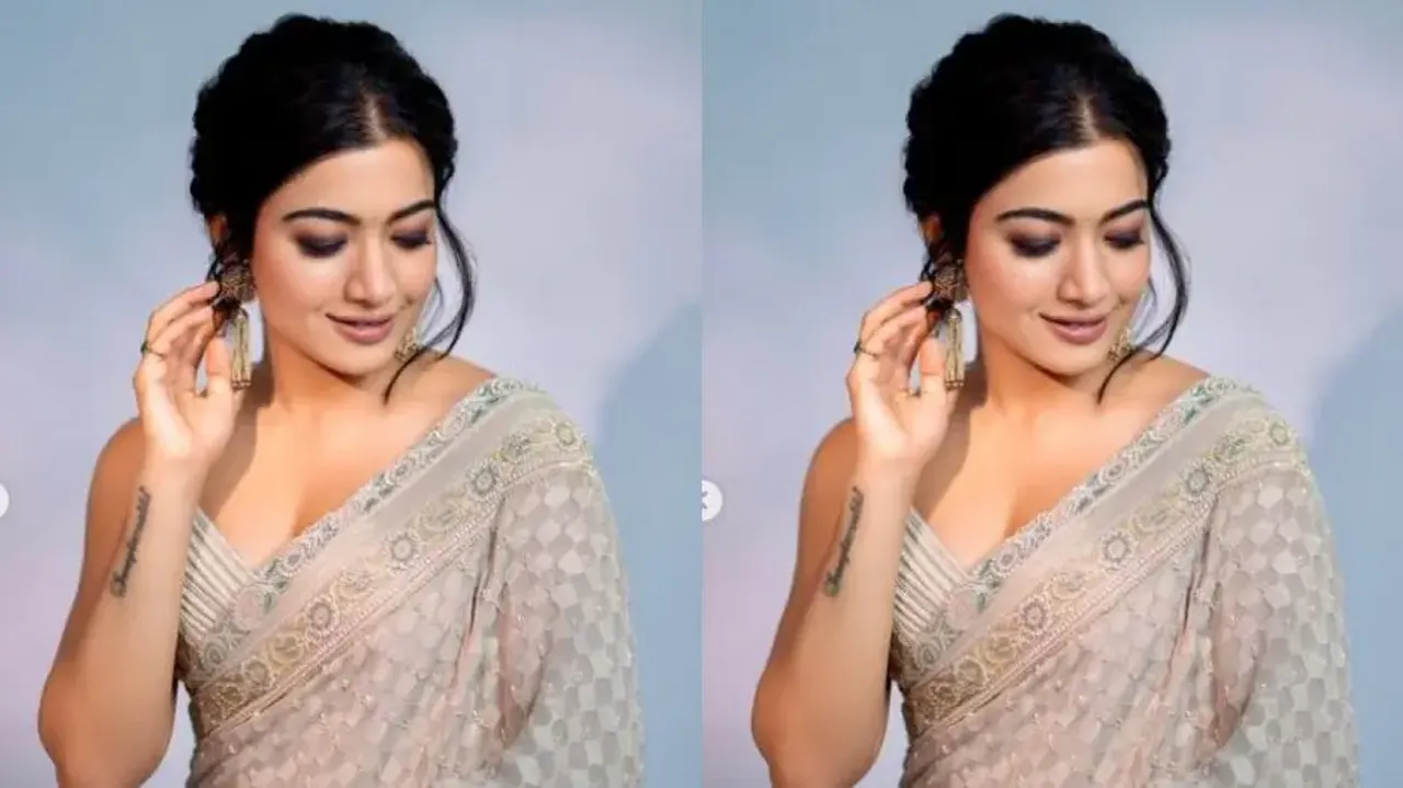 Rashmika Mandanna exudes divine angel vibes in designer gray saree