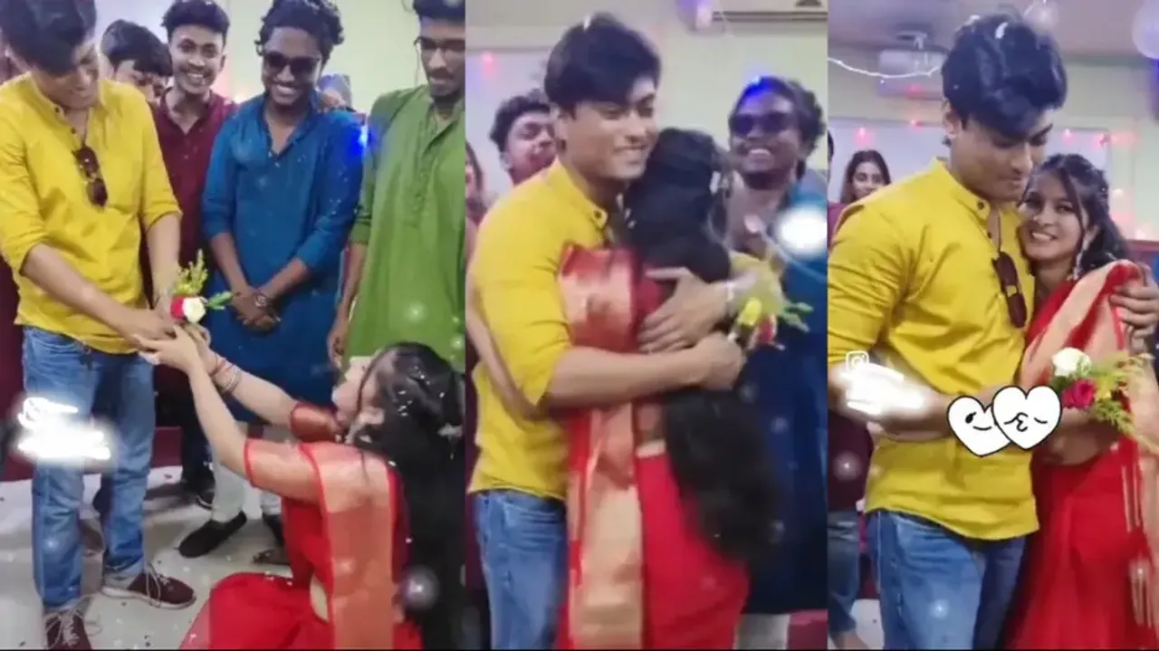 Saree-clad girl goes down on her knees to propose boy during farewell, internet is in awe; watch
