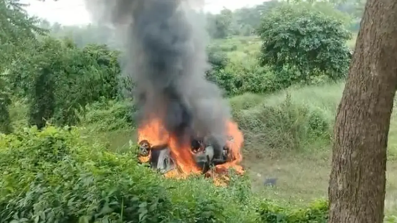 Car catches fire after hitting electric scooter while trying to save stray bull