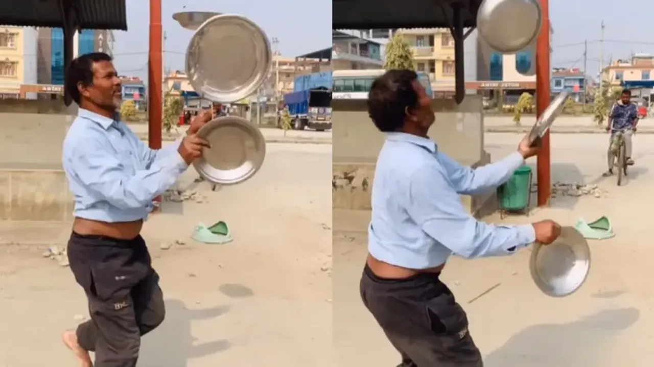 Man juggling plates in street performance highlights hardships; video goes viral