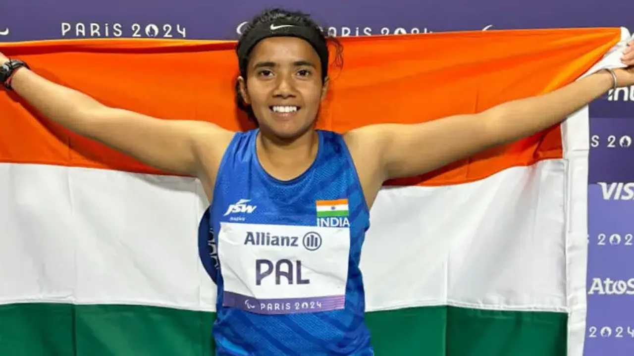 Paris : India's Preethi Pal celebrates after winning bronze medal in the women's 100m
