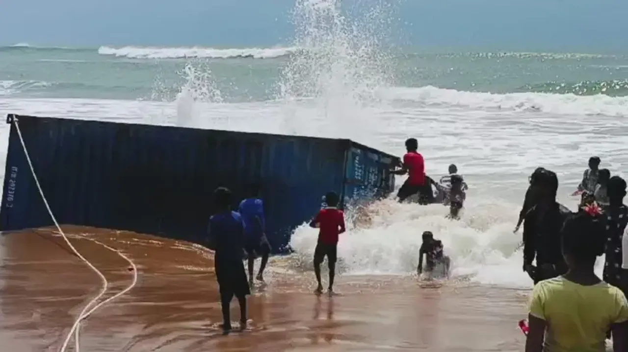 Ship container washed up on Puri beach, looted