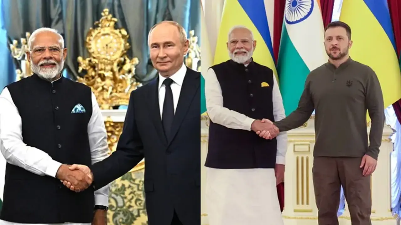 PM Modi with Russian President (left) & Ukraine President Volodymyr Zelensky (right)