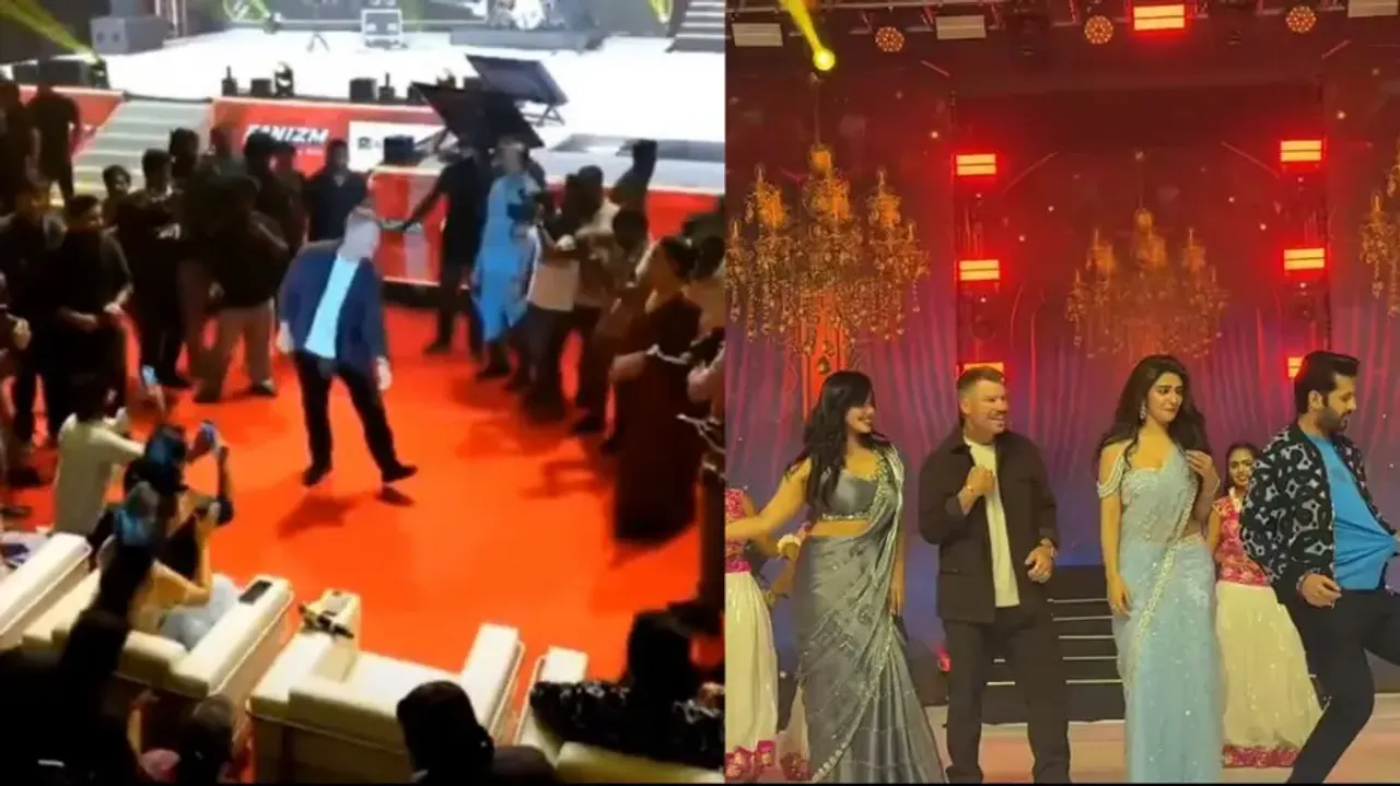 David Warner recreates Allu Arjun Srivalli hook steps at Robinhood event shakes leg with Sreelela