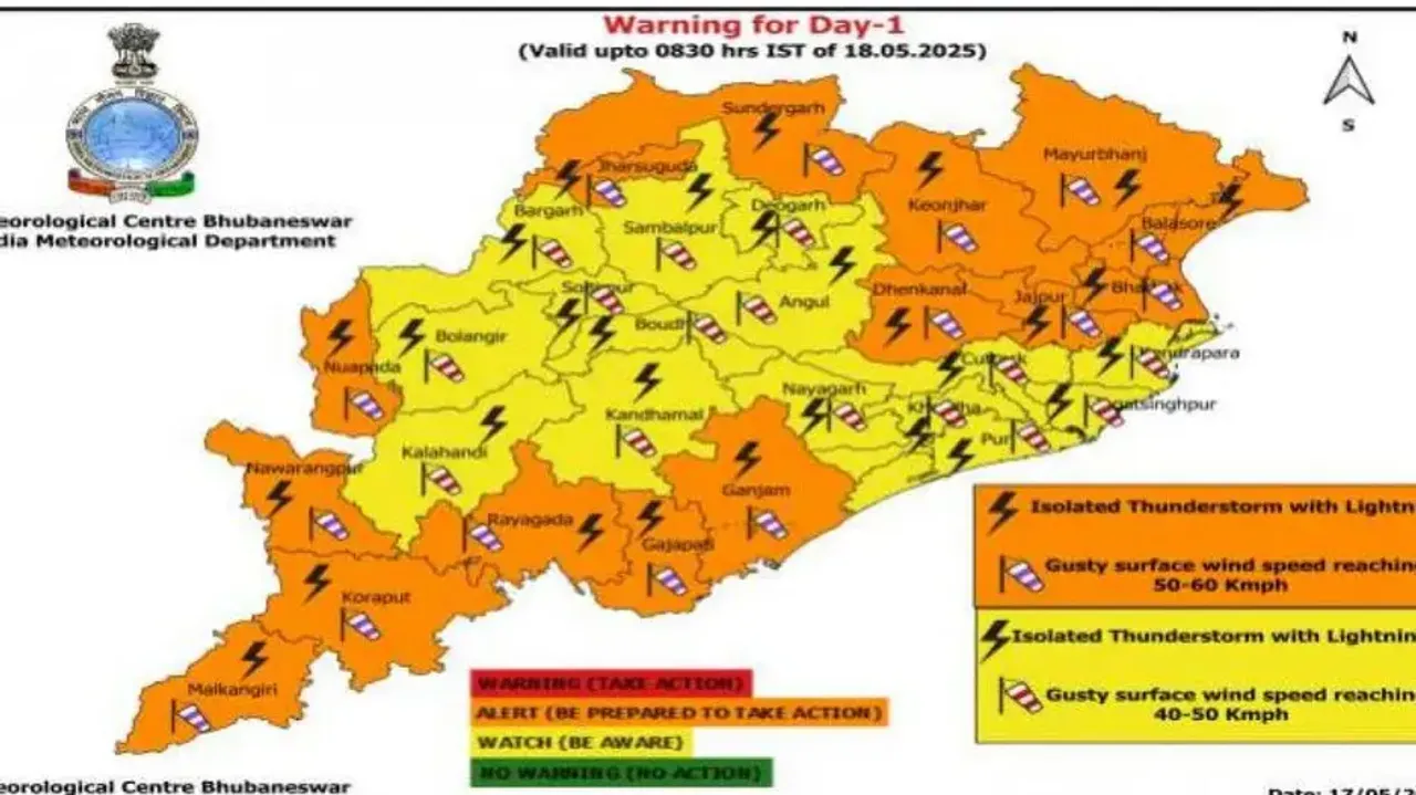  Orange and yellow warnings for thunderstorms with lightning and gusty winds for Odisha districts: I