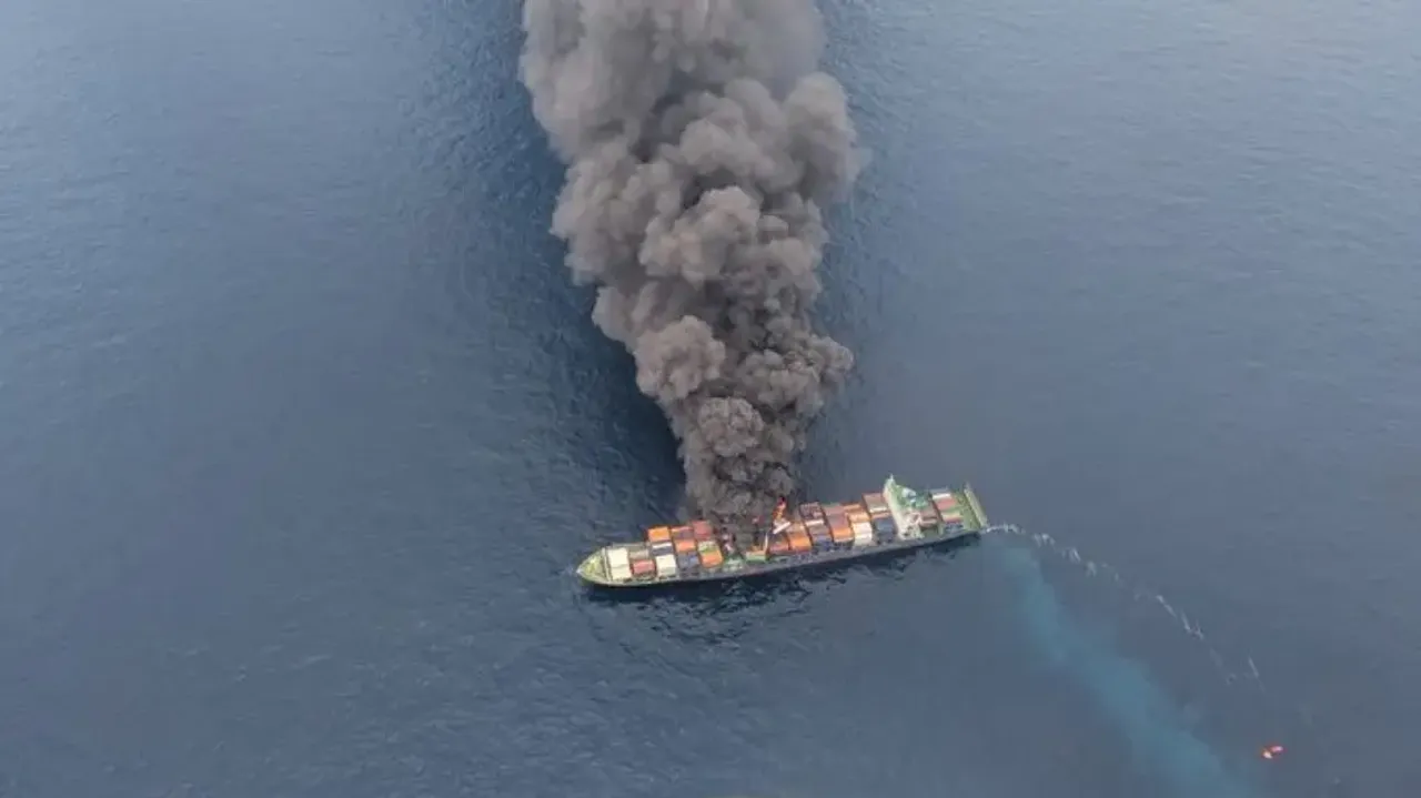 Singapore-flagged container vessel on fire