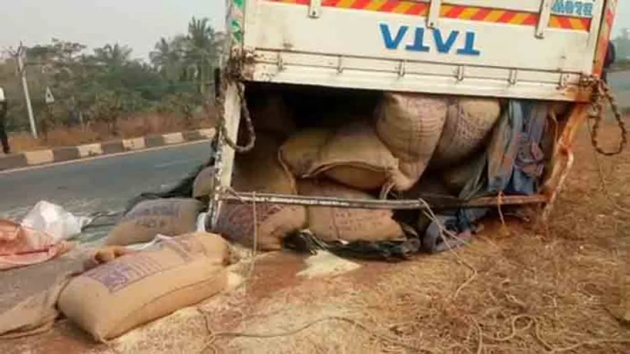 Rice-laden truck turns turtle on highway in Balasore