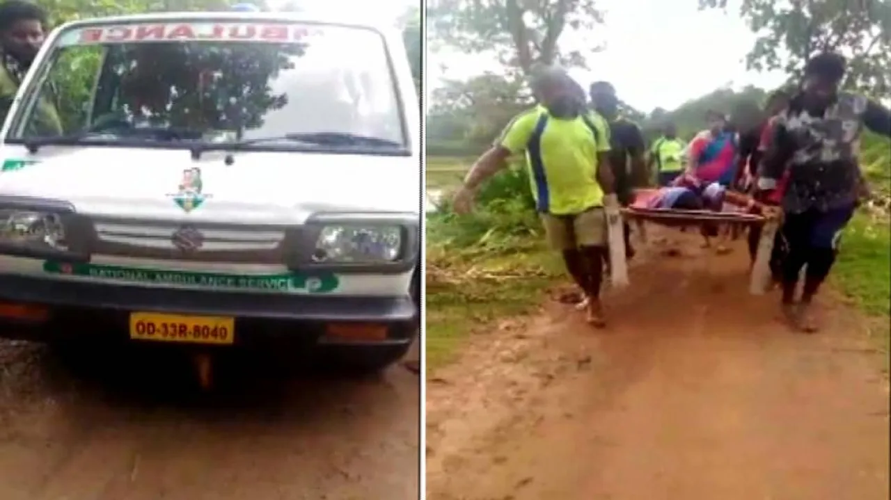With no motorable road, pregnant woman carried on cot