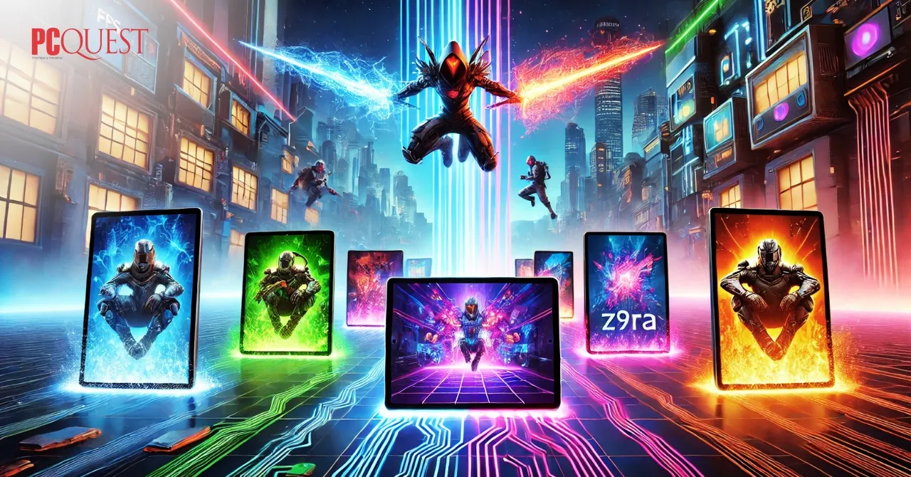 A dynamic gaming battlefield with neon-lit cyberpunk cityscapes in the background. Floating mid-air tablets (Apple iPad Pro 12.9, Samsung Galaxy Tab