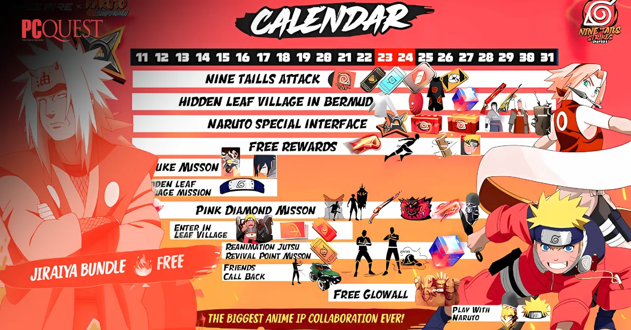 Free Fire MAX Redeem Codes Today and Naruto Shippuden Collab Calendar