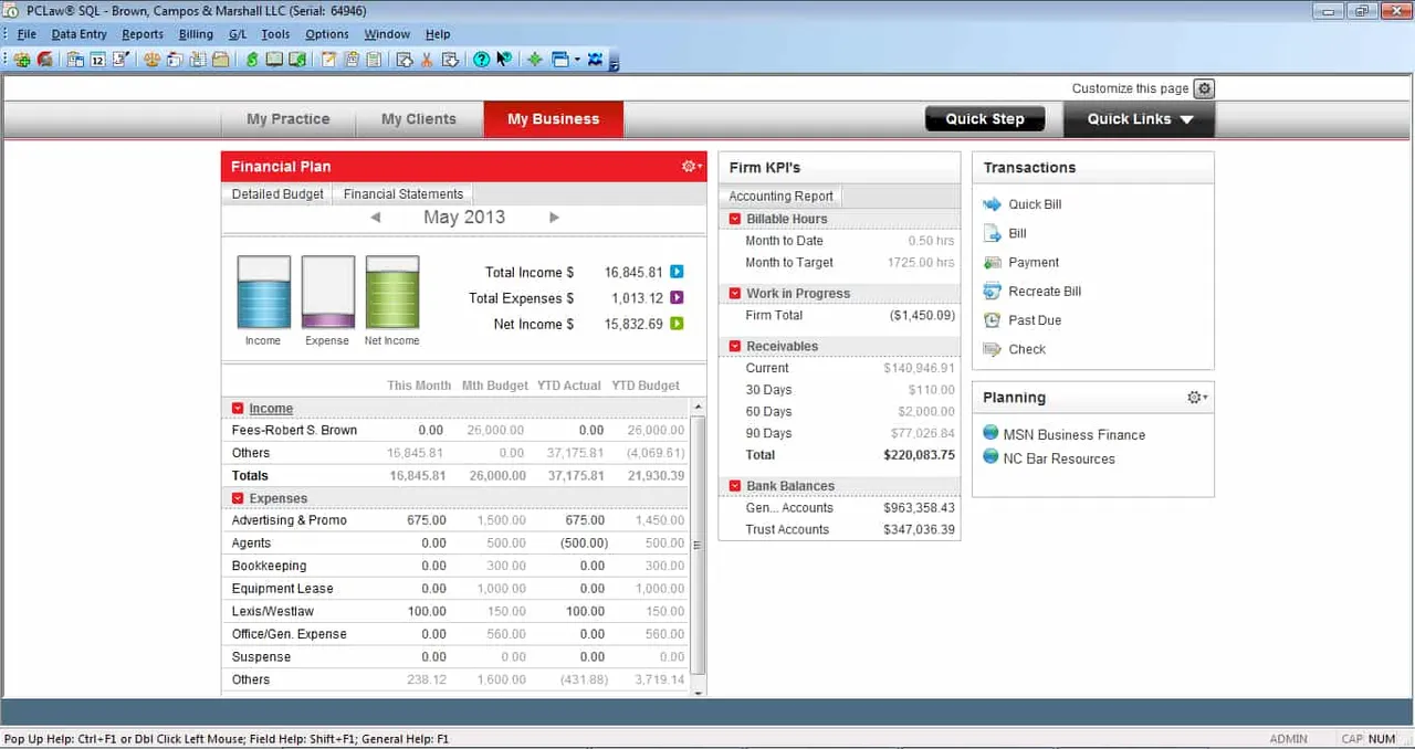 MyBusiness Dashboard PCLaw LexisNexis