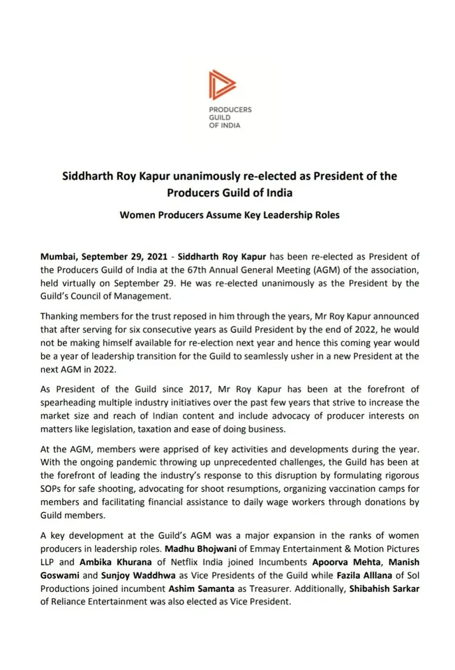 Siddharth Roy Kapur unanimously re-elected as President of the Producers Guild of India