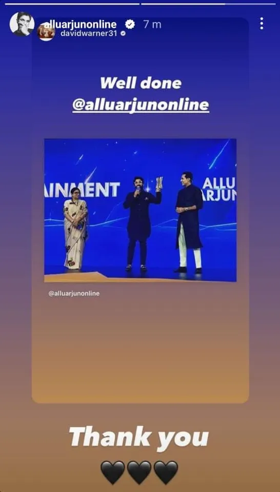 David Warner says “Well Done” to Allu Arjun as he receives Indian Of The Year!