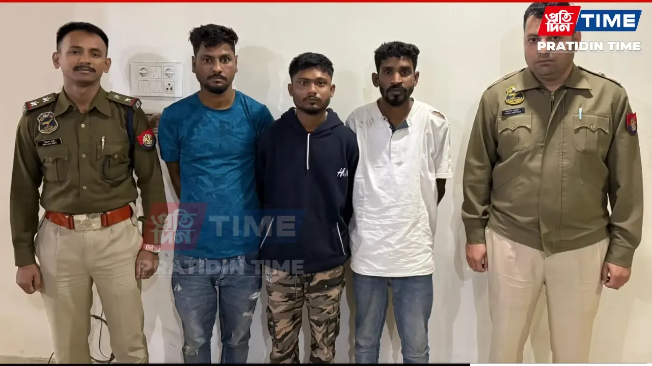 Basistha police in Guwahati with the three accused in the Beltola apartment burglary case