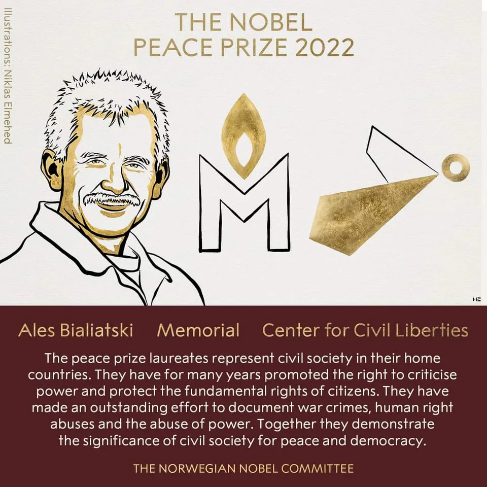 Nobel Peace Prize To Activist Ales Bialiatski, Russian and Ukraine Organizations