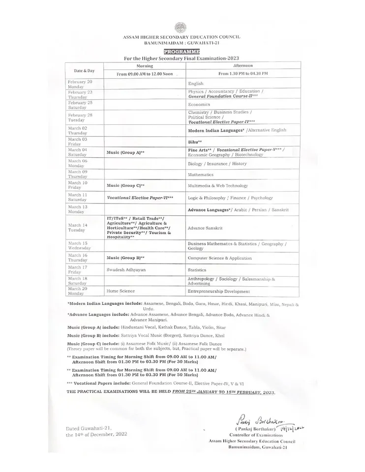 AHSEC HS 2nd Year Examination Routine 2023 Released Today– Download now ahsec.assam.gov.in.
