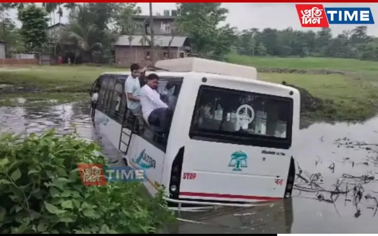 Assam: Bus Loses Control To Fall Off Road Into Pond In Sipajhar