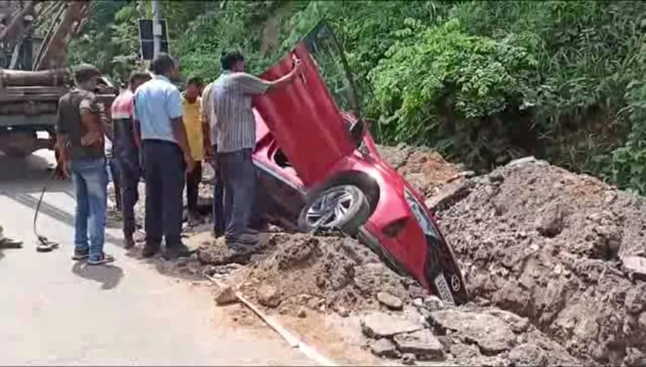 Guwahati: Car Falls in Roadside Drain Dug for Gas Pipeline Installation