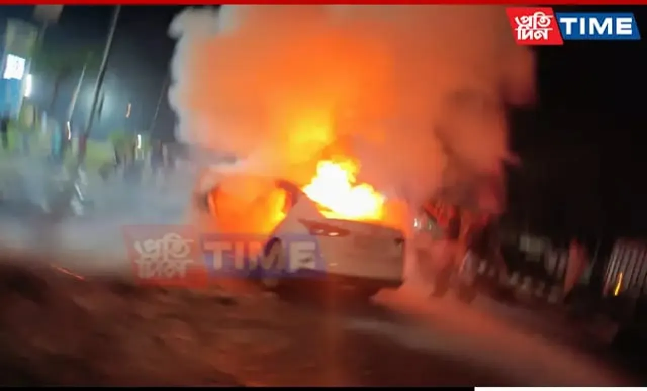 Assam: Car Bursts Into Flame After Collision, Passengers Survive